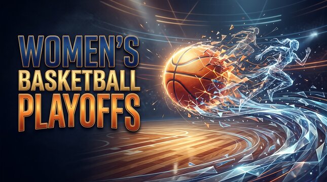 Dynamic Women's Basketball Playoffs Poster Background with Burning Ball and Player Silhouettes for Sports Championship Marketing
