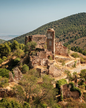 The ruins of the abandoned village and the Santa Maria church at Turruncun near Arnedo in the Rioja region of Spain