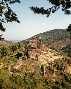 The ruins of the abandoned village and the Santa Maria church at Turruncun near Arnedo in the Rioja region of Spain