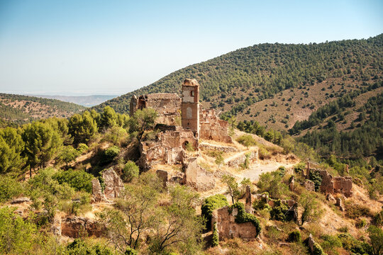 The ruins of the abandoned village and the Santa Maria church at Turruncun near Arnedo in the Rioja region of Spain