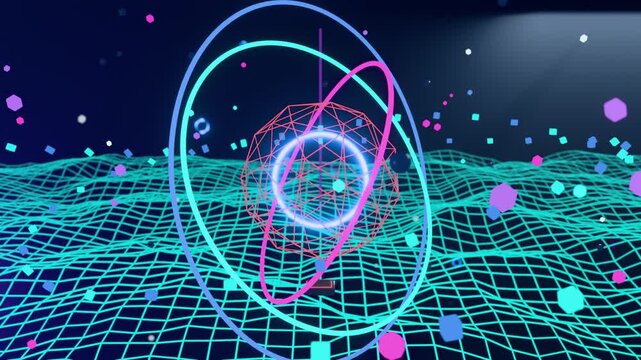 Futuristic abstract technology network tunnel motion with glowing neon wireframe grid landscape animation