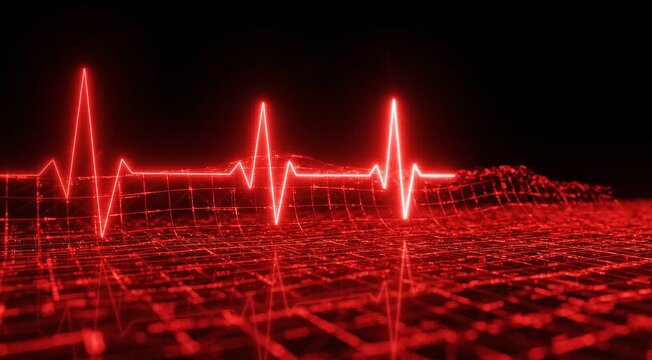 A red neon grid pulses in rhythmic waves like a heartbeat in a seamless digital background.