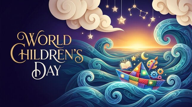 Whimsical World Children's Day Illustration with Colorful Paper Boat Sailing on Ocean Waves under Starry Night and Sunrise for Education Poster