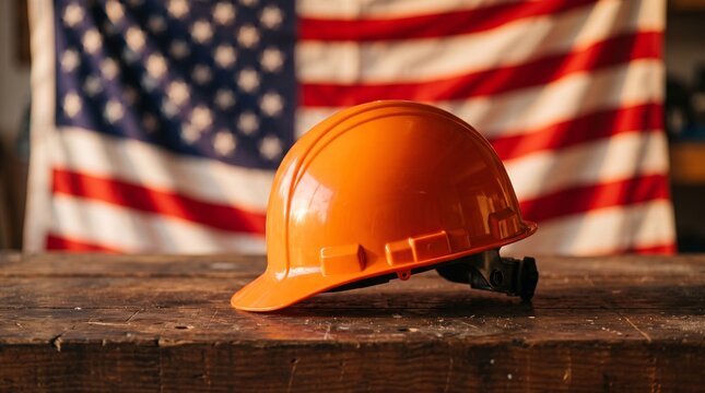 Orange hard hat on wooden table with American flag background. Industrial safety helmet for labor day. Construction worker headgear.