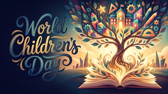 World Children's Day Illustration Featuring a Tree of Knowledge and Education Icons Growing from an Open Glowing Book, Creative Learning Concept