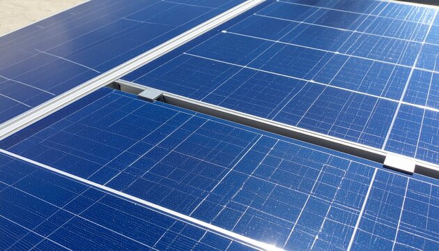 Blue solar panel modules absorbing clean renewable energy outdoors under bright sunlight with green energy