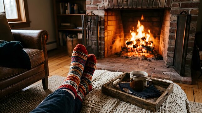 A cozy person wearing warm socks relaxing by a glowing fireplace wishing everyone a merry christmas at home