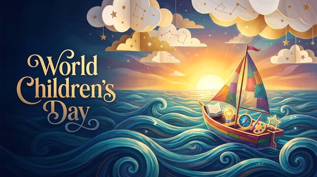World Children's Day Illustration featuring a Whimsical Dream Boat on the Ocean for Education and Creative Adventure Concepts