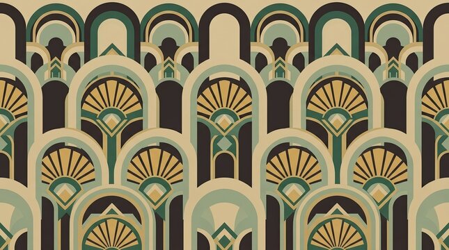 Art deco pattern with green and grey arches and geometric fan shapes