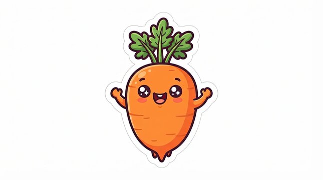 Cute happy carrot character with green leaves smiling as a sticker