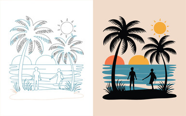 Fototapeta premium Summer beach landscape with palm trees and people silhouettes at sunset