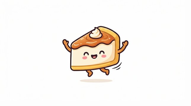 Happy cute cheesecake slice cartoon character jumping with joy