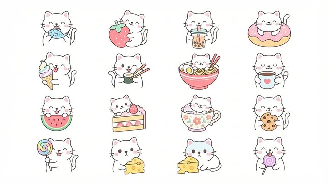 Set of cute cats eating various delicious food items and sweet snacks
