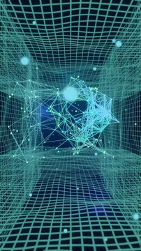 Glowing digital plexus network moving in futuristic grid tunnel background with particles animation