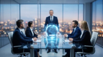 Obraz premium Business professionals seated in boardroom watching presentation with floating holographic globe representing global communications and international business expansion strategy