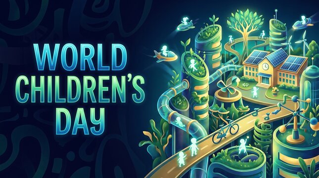 World Children's Day Poster with Futuristic Eco-Friendly City, Glowing Children Silhouettes, Solar Panels, and Green Technology Illustration