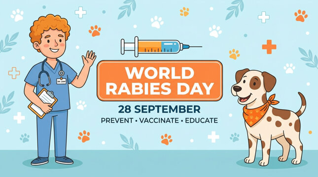 World rabies day banner with veterinarian and cute dog