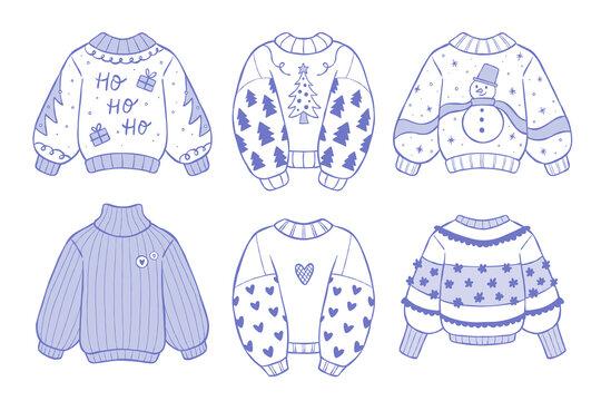 Cozy collection of hand-drawn vector line art sweaters with festive winter prints. Outline illustration set of oversized jumpers, pullovers, and ugly Christmas sweaters in a doodle aesthetic.