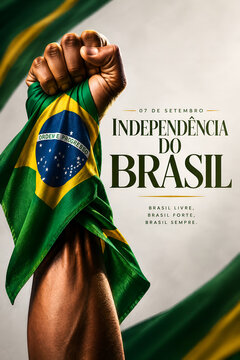 Strong muscular arm holding vibrant Brazilian flag high in air during proud celebration of national independence day seventh of september
