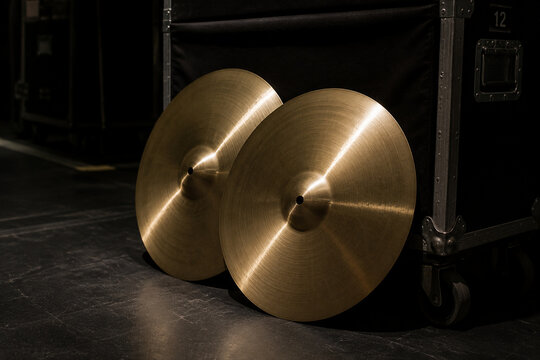 Polished orchestral cymbals leaning against padded cart backstage, music equipment and performance preparation concept
