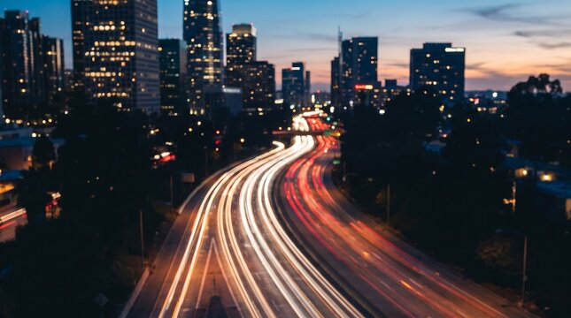 Long exposure view of city highway traffic with light trails and modern skyscrapers in background at dusk creating dynamic urban atmosphere for business and transportation