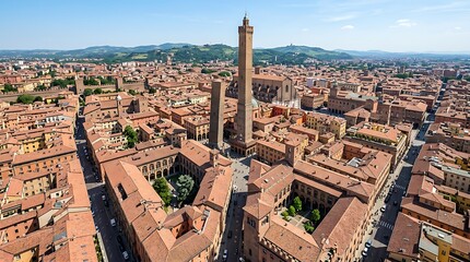 Fototapeta premium Aerial view of Bologna city center with medieval towers and red roofs in Italy.
