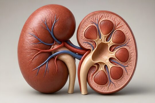 human kidneys, reveal cortex, medulla, renal pelvis, internal structures, realistic biological surface texture, subtle red and blue vascular details, isolated on a minimal neutral background