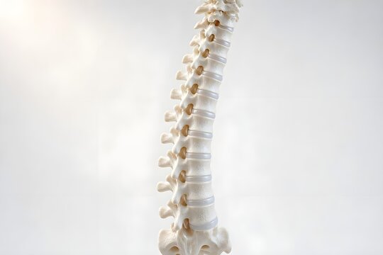 human spinal column, slightly angled perspective, individual vertebrae, intervertebral discs, spinal canal, internal anatomy, realistic bone texture