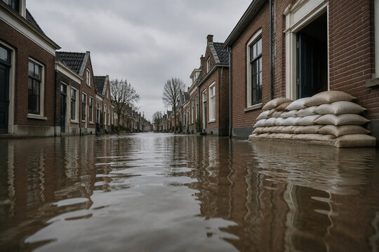 Flooded residential street with sandbagged doorway, evacuation preparedness concept