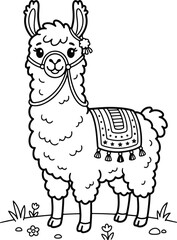 Naklejka premium Cute cartoon llama with a decorative saddle and bridle, simple line art coloring page for kids