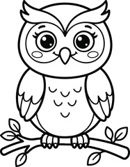 Obraz premium Cute cartoon owl sitting on a tree branch, black and white line art illustration for coloring book