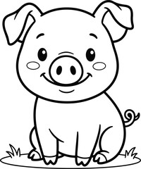 Fototapeta premium Cute cartoon piglet sitting on grass, simple line art illustration for coloring book