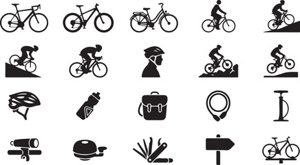 Naklejka premium Bicycle and cycling equipment illustrations for sports, recreation, and healthy lifestyle themes.