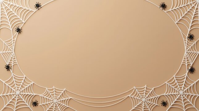 A detailed 3d spider web corner border frame design isolated on a clean light brown background for halloween projects