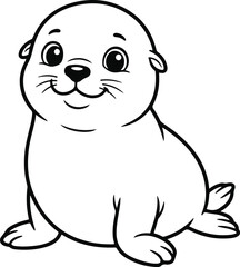 Obraz premium Cute cartoon baby seal, simple line art coloring page for kids