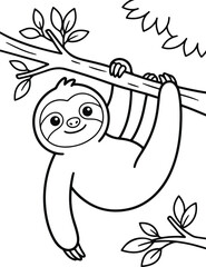 Naklejka premium Cute cartoon sloth hanging on a tree branch, simple black and white line art illustration for coloring book