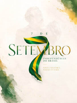 Brazilian independence day celebration poster featuring a stylized number seven with green and yellow silk ribbon against textured white background
