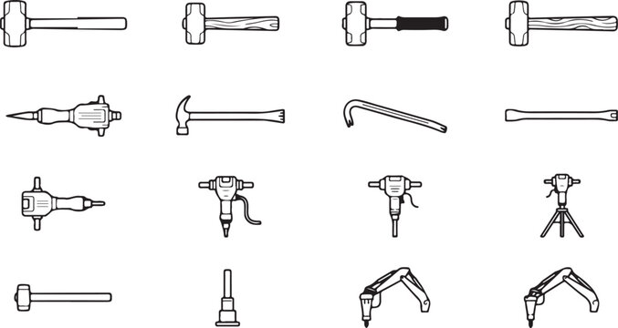 Construction and demolition tools like hammers, jackhammers, and crowbars for industrial work.
