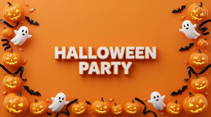Fototapeta premium A festive halloween special party background featuring cute 3d pumpkins and ghosts arranged on an orange backdrop for seasonal holiday celebration