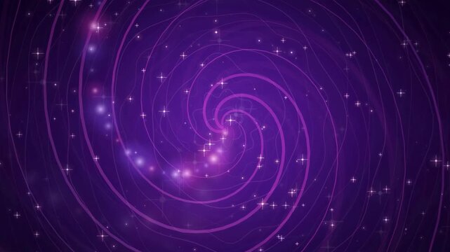 Abstract purple spiral galaxy with glowing stars and cosmic energy flowing in deep space