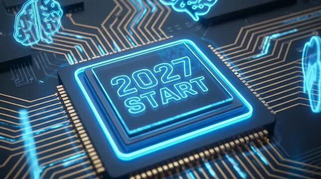 Futuristic microchip with artificial intelligence icons