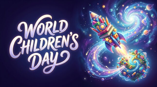 World Children's Day Greeting Banner Featuring a Creative Pencil Rocket Launching from Earth into a Vibrant Cosmic Space Galaxy for Education