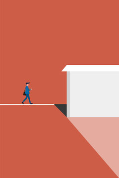 Determined businessman walks along a straight path toward a large minimalist building, symbolizing career progression and corporate opportunities