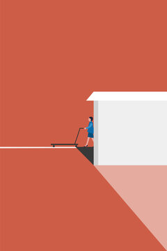 Focused business woman pushes an empty flatbed trolley out a large white building, representing logistics, supply chain, and business operations