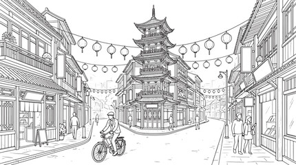 Obraz premium Hand drawn line art of a traditional street scene with a central pagoda and hanging lanterns