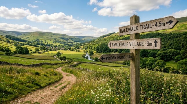 Wooden signpost pointing to dalewalk trail and swaledale village