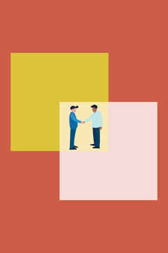Business negotiation, deal making or acquisition, merger vector concept. Two men shaking hands. Minimal design. Eps10 illustration