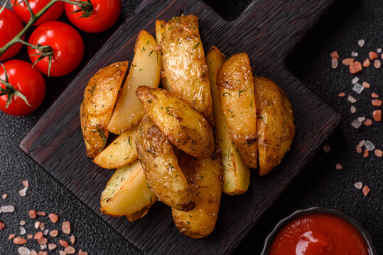 Fried potato wedges seasoned with salt and spices, ready for dinner table. Fried potato wedges