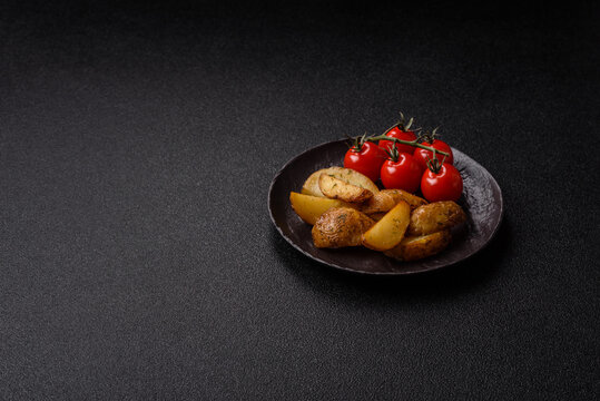 Fried potato wedges seasoned with salt and spices, ready for dinner table. Fried potato wedges