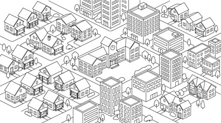 Fototapeta premium Isometric city neighborhood map with residential houses and commercial buildings in a simple black line art style